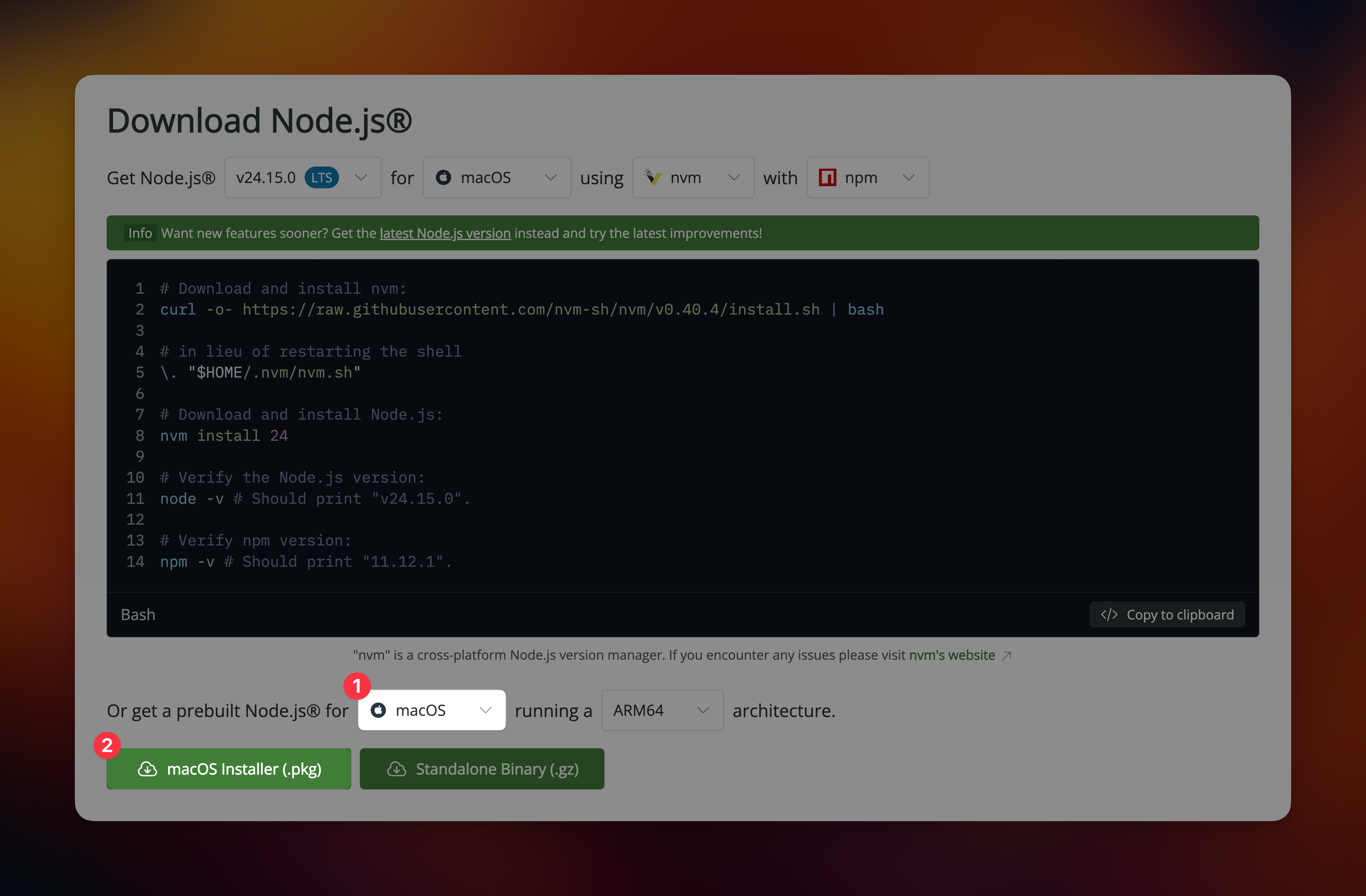 Node.js prebuilt installer section